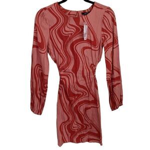 Forever 21 Dress Retro Marble Print Side Cut Out Long Sleeve Linen Blend Small